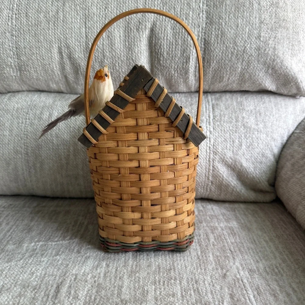 Wicker Birdhouse Basket Bless This Nest W/Bird Figurine & Handle Cottage Core